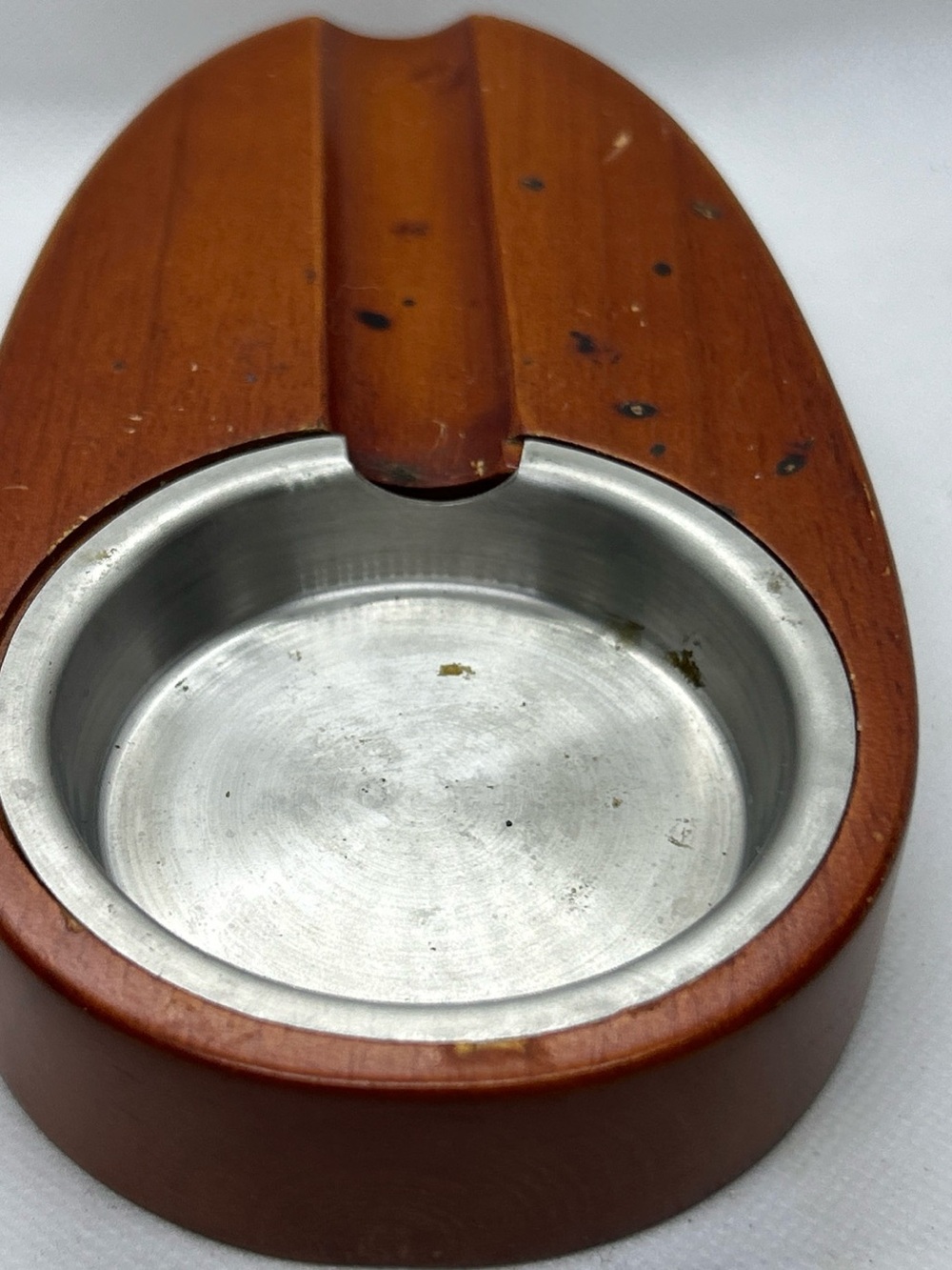 Vintage Wooden Cigar Ashtray with Metal Bowl - Brown